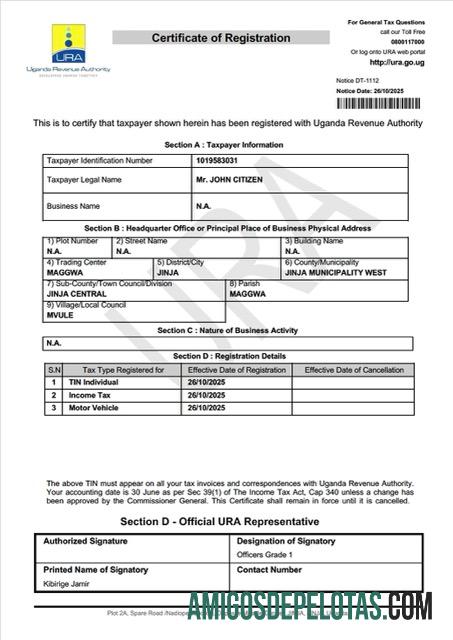 Certificado de Registro de Contribuinte em branco de Uganda modelo Word e PDF